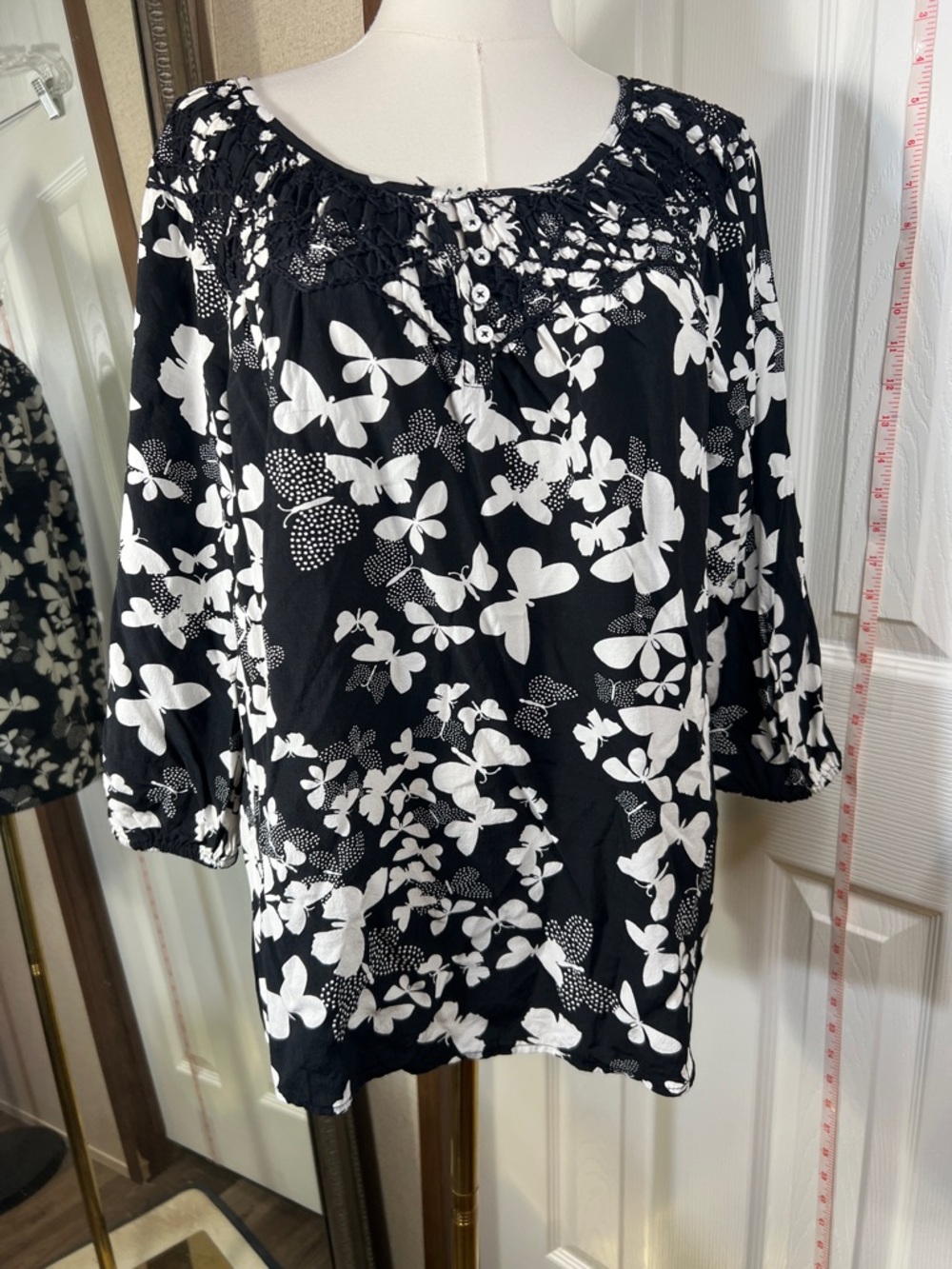 Talbots Black and White Floral Peasant Top